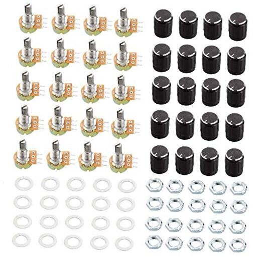 20 PCS B10K 10K 3Pin Ohm Knurled Shaft Linear Rotary Potentiometer Kit with 
