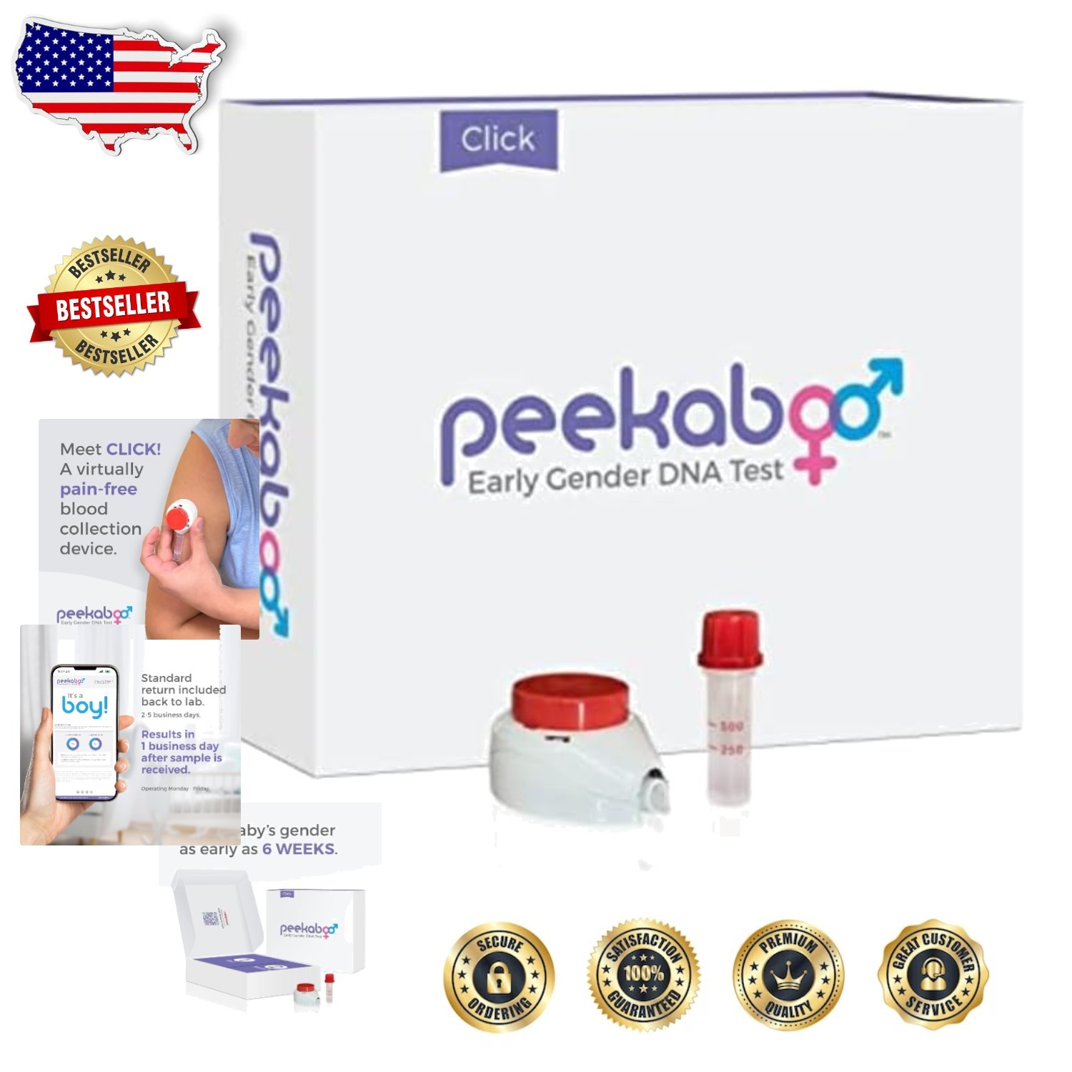 Peekaboo Click DNA  Kit: Early Gender 6 Wks, 99%+ Accurate, Easy Blood Draw