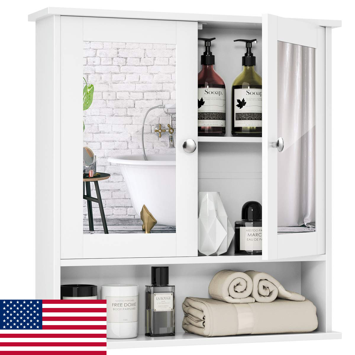 Tangkula Bathroom Medicine Cabinet with Mirror, Wall Mounted Wooden Hanging Orga