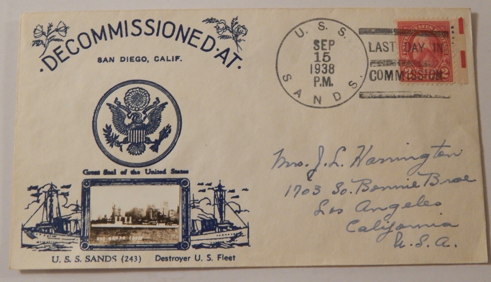 USS Sands (DD 243) decommissioned September 15 1938 Crosby cachet