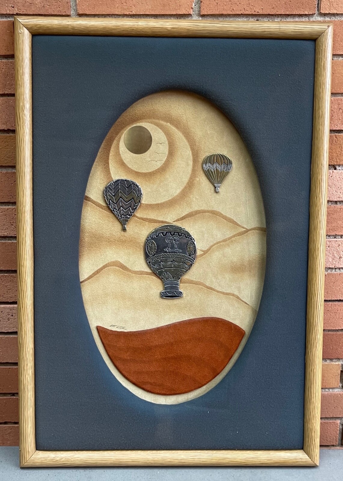 Vintage 70s Mixed Media Fiber Art Metal Modern Wall Hanging Art Hot Air Balloons