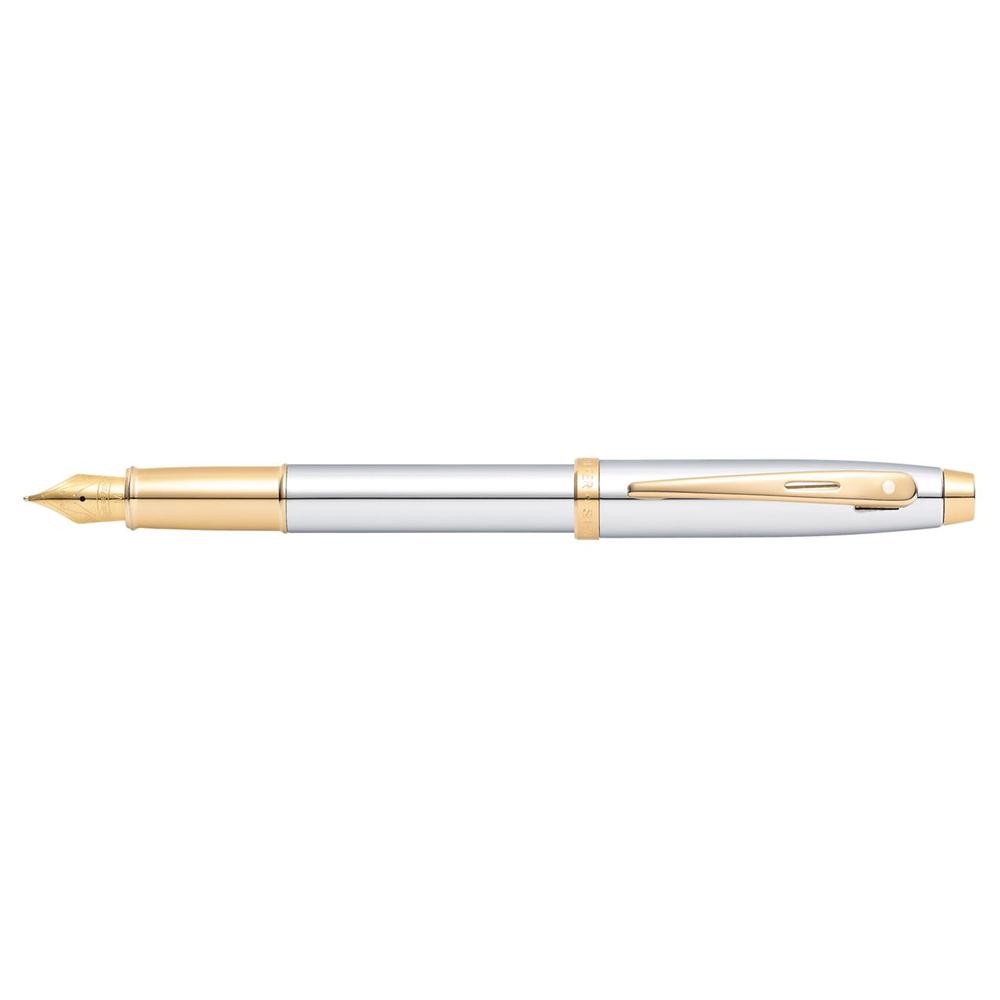 100 Chrome Plated Medium Fountain Pen (Gold Trim)