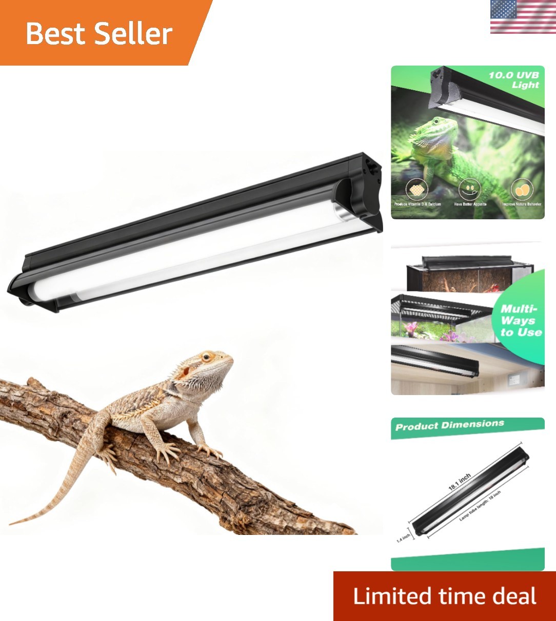 18-Inch UVB 10.0 Lighting Kit for Reptiles - Easy Setup & Versatile Positioning
