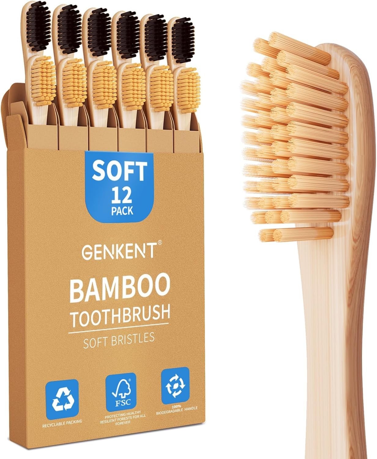 Bamboo Toothbrushes 12 Pack Biodegradable Soft Medium Charcoal Bristles