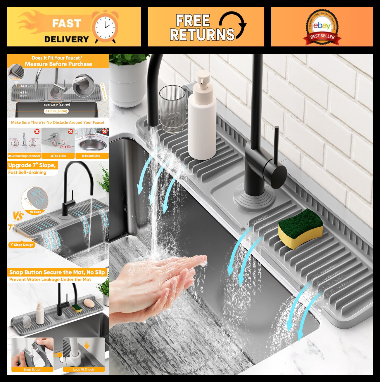 24" Kitchen Sink Faucet Mat Splash Guard - Self-Draining, Snap Lock Fit, Water C