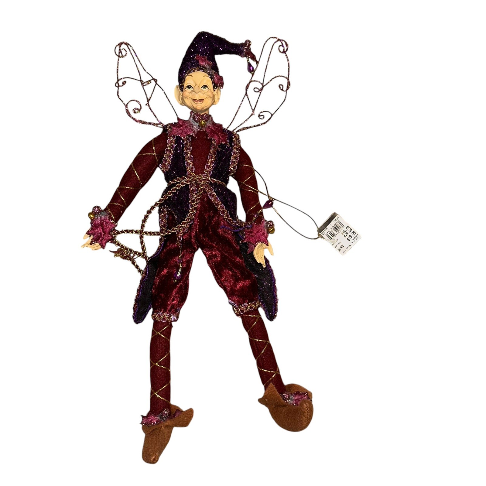 Christmas Purple Burgundy Woodland Fairy Elf 16” Ornament  Wings Bells Gold