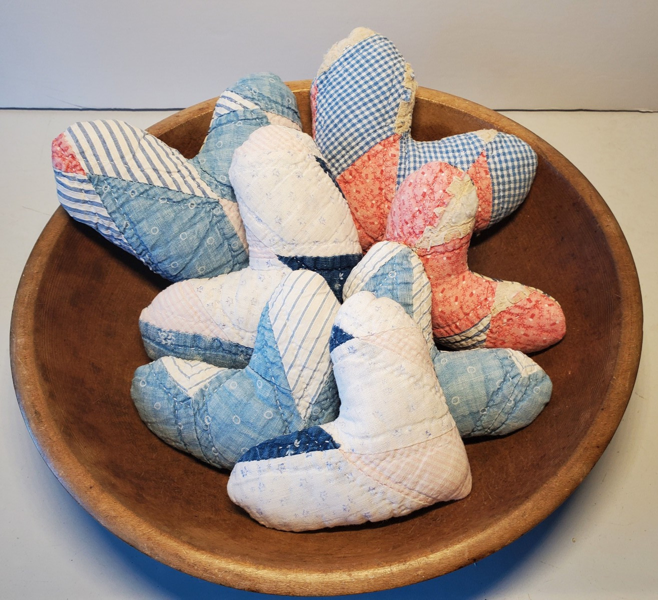 Antique Primitive Cutter Quilt Hearts Lot of 7 Soft Worn Faded Blue Pink Cottage