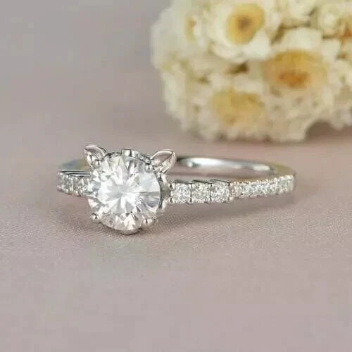 2Ct Round Cut Lab-Created Diamond Cat Engagement Ring 14K White Gold Plated