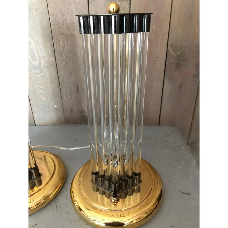 Modern Hollywood Regency Brass & Glass Rod Table Lamp – Antique Style Fixture