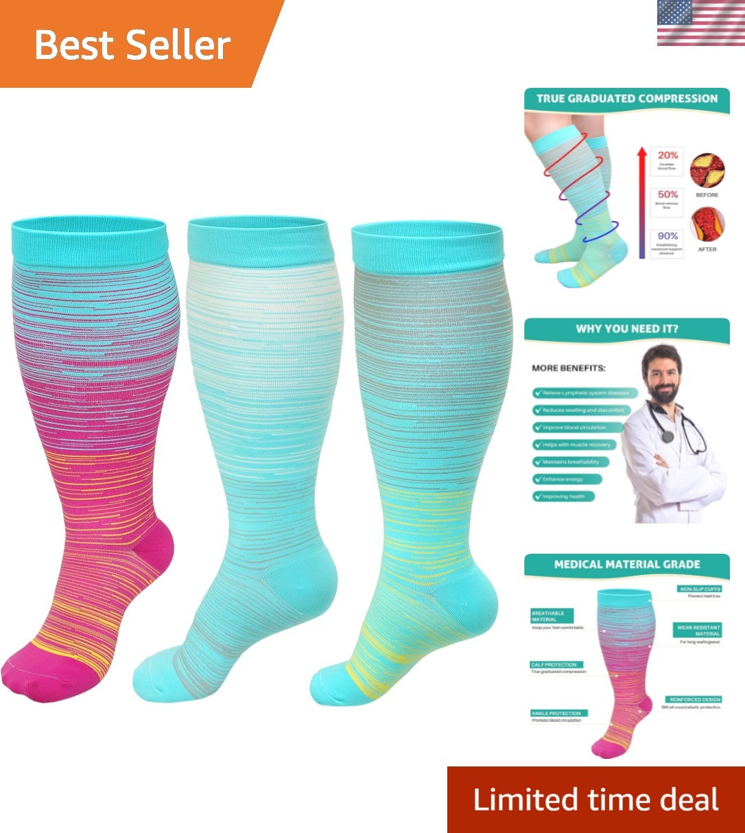 Wide Calf Compression Socks: Plus Size Compression Stockings for Men Women - ...