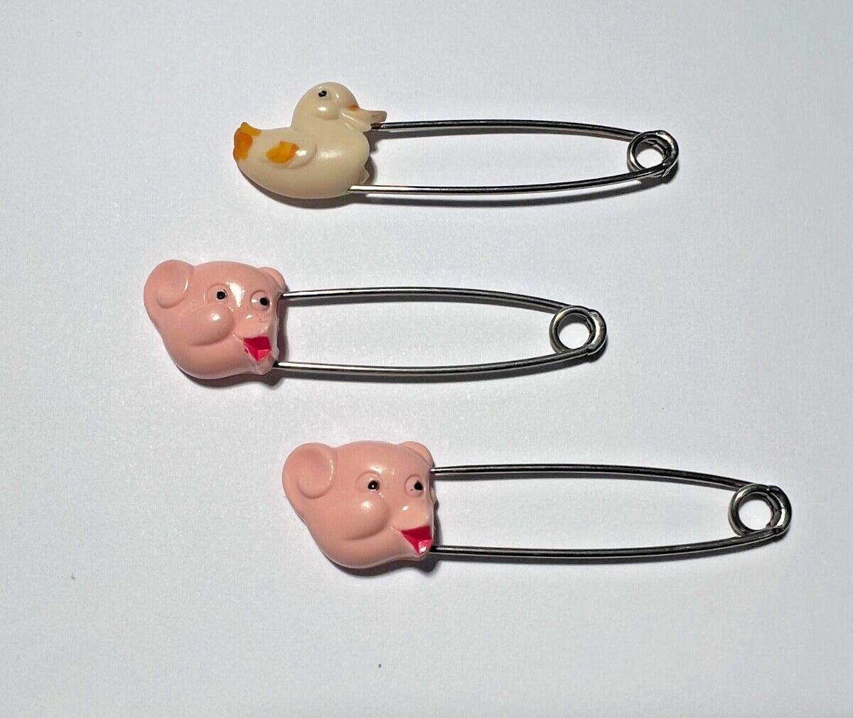 Vintage Yellow Duck "PEACE" Diaper Pin & 2-Pink Piggy Safety Pins, Made In JAPAN