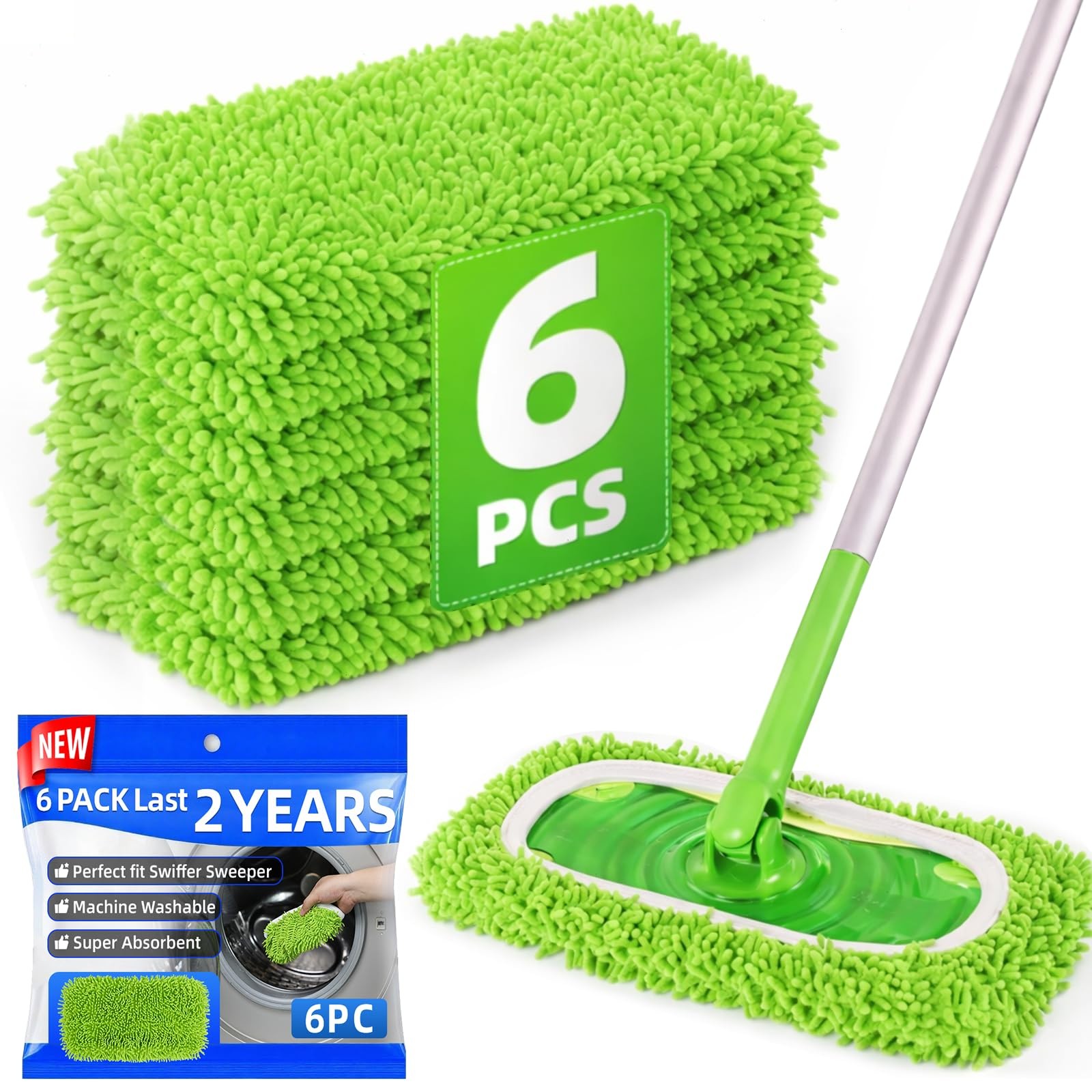 6PCS Reusable Microfiber Mop Pads Compatible with Swiffer Sweeper, Mop Replac...