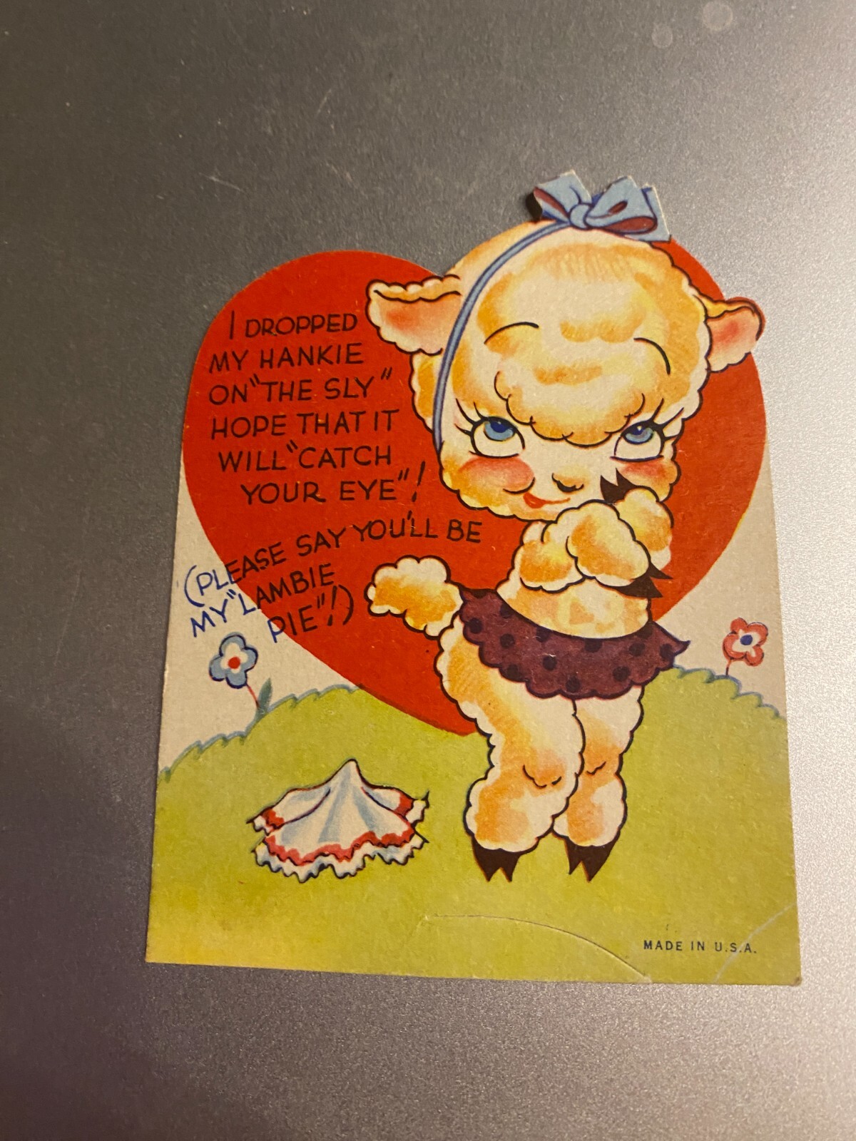 Vintage Valentine Sheep Lamb Dropped Hankey