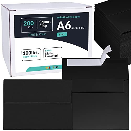 200 Pcs Bulk A6 Invitation Envelopes in Peel & Seal Self-Seal 4 3/4 x 6 Black