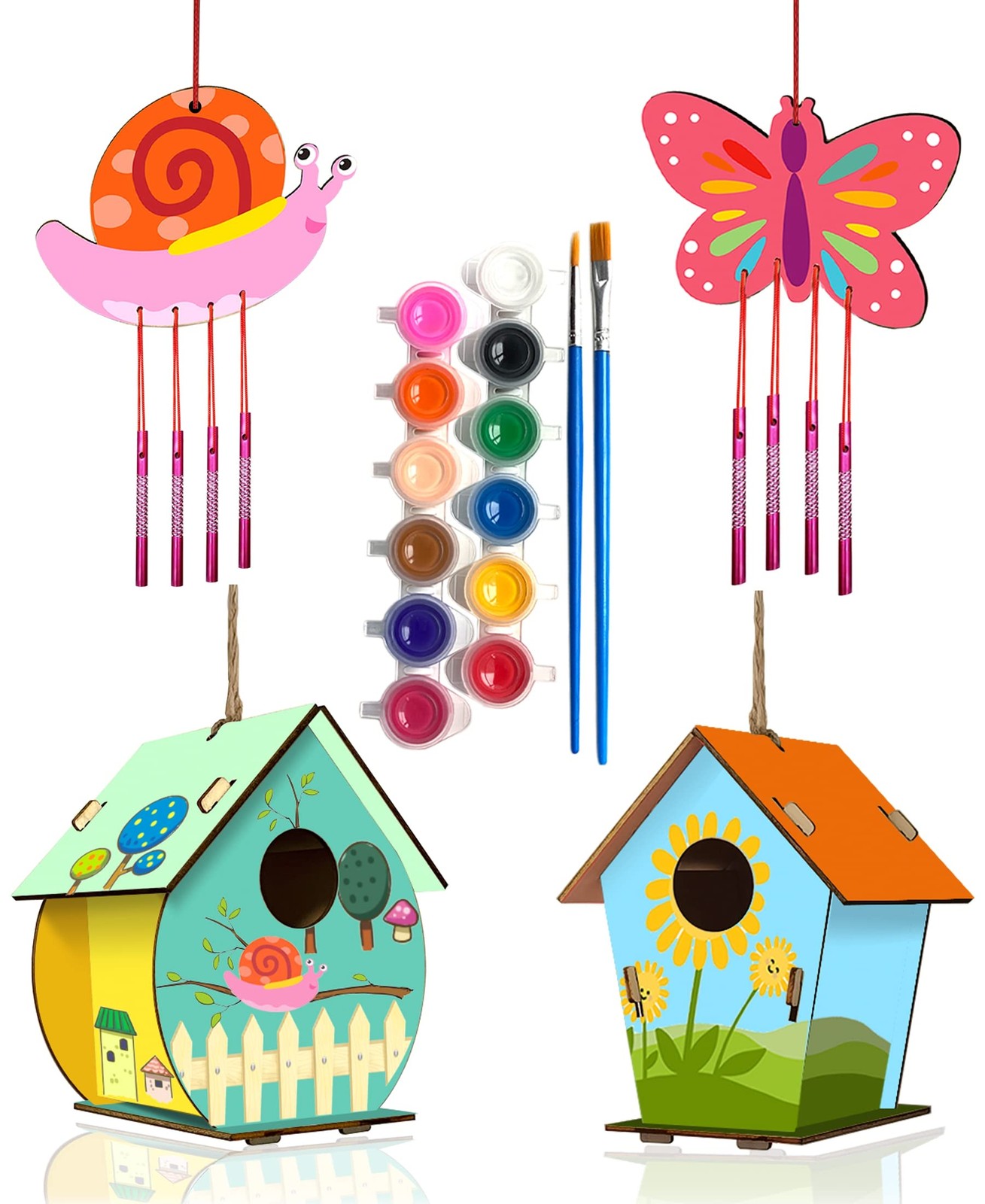 4 Pack DIY Bird House Wind Chime Kits for Children to Build and Paint, Wooden...