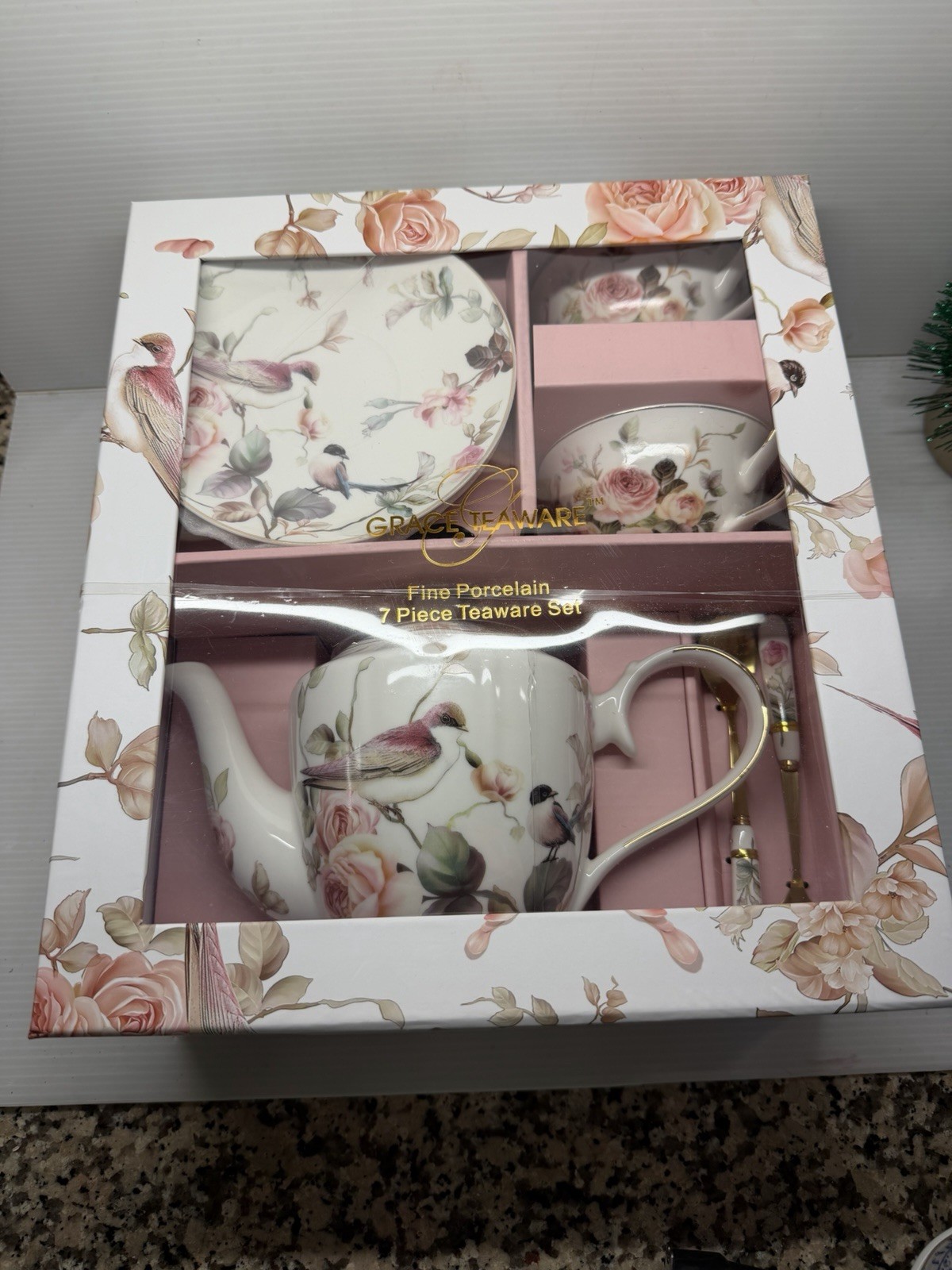 Grace Teaware Set Cottage Rose Birds Magnolia Garden 7 Pc Fine Porcelain VHTF