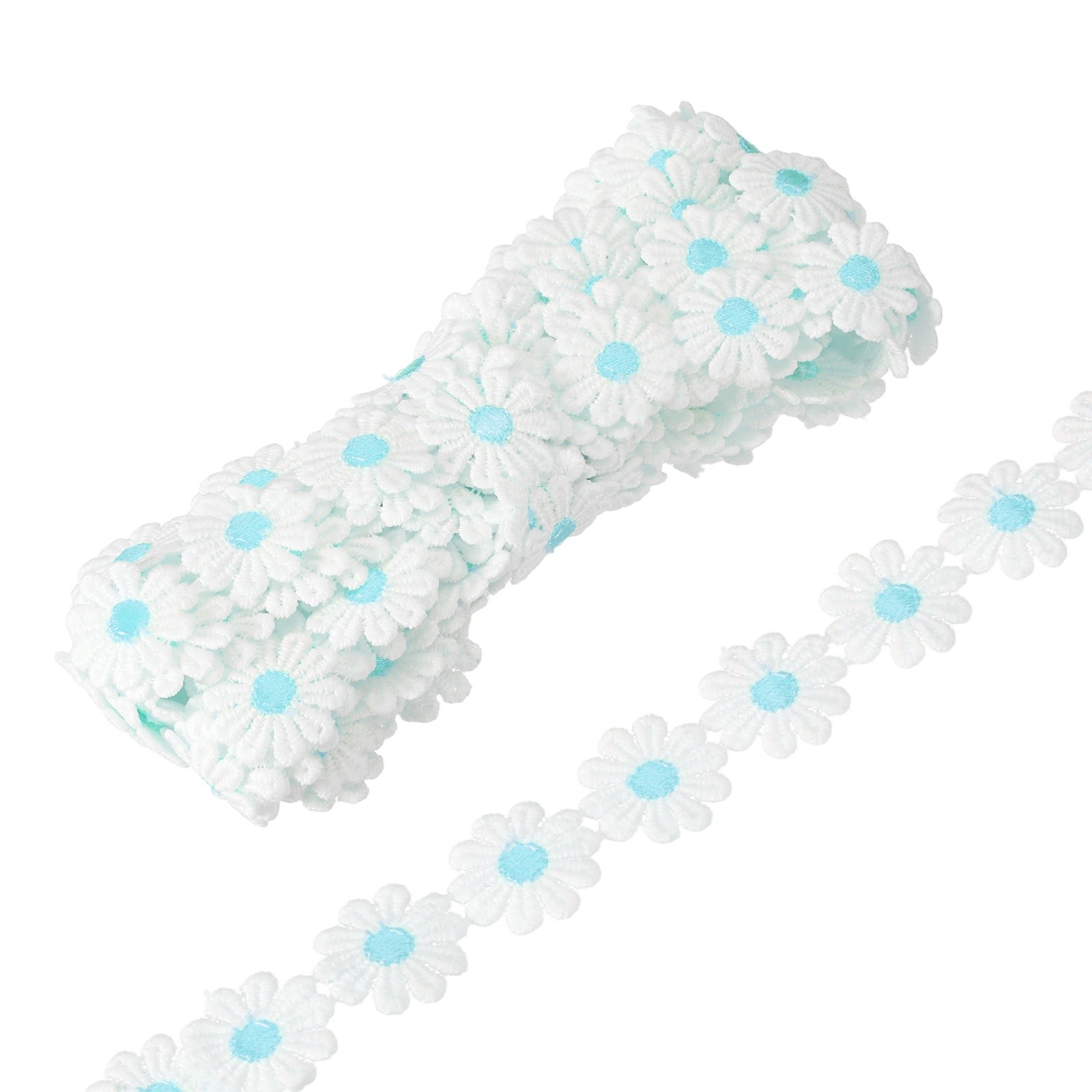 5 Yards 1 Inch Wide Delicate Floral Edge Lace Trim, White-Sky Blue