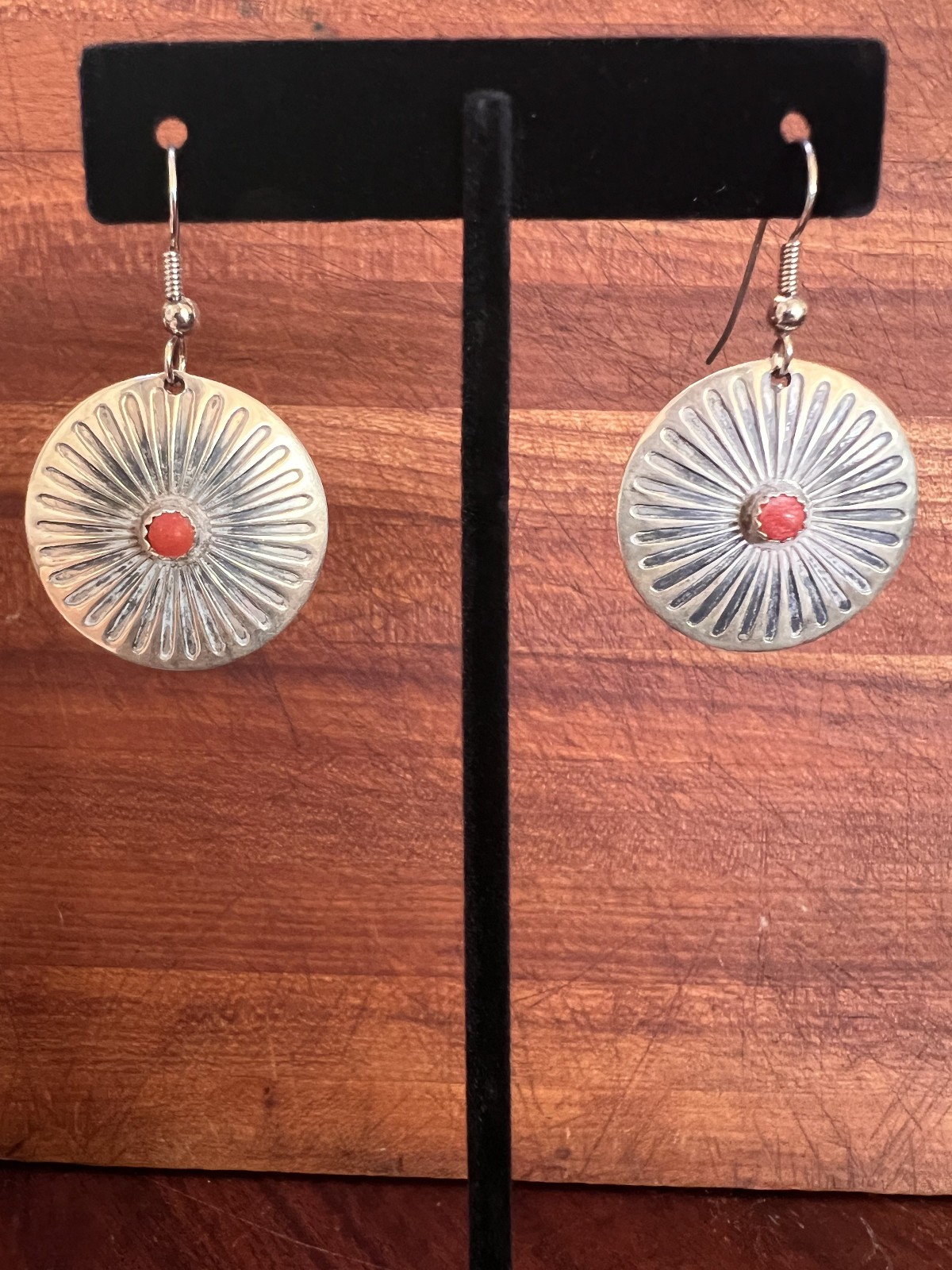 Vintage Native American Sterling Silver Concho Earrings with Coral Stone Center