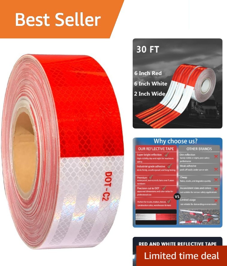 High Visibility 2" x 30ft Iconic Red & White DOT-C2 Conspicuity Reflective Tape