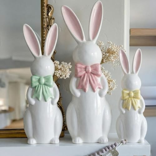 Easter Decorations 3 Pcs Ceramic Pastel Easter Bunny Decor Rabbit Quiet