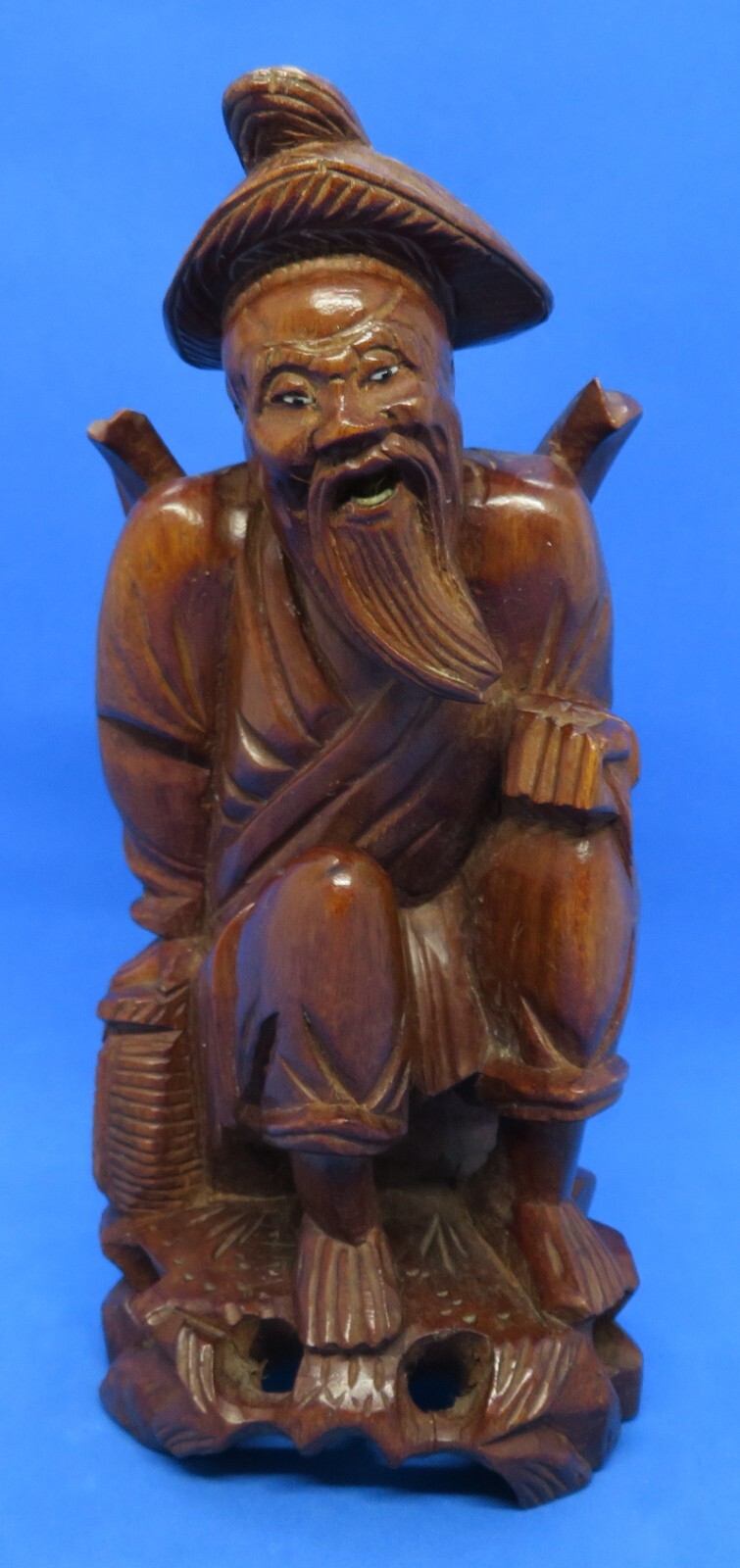 Chinese carved wood vintage Victorian oriental antique seated fisherman man 