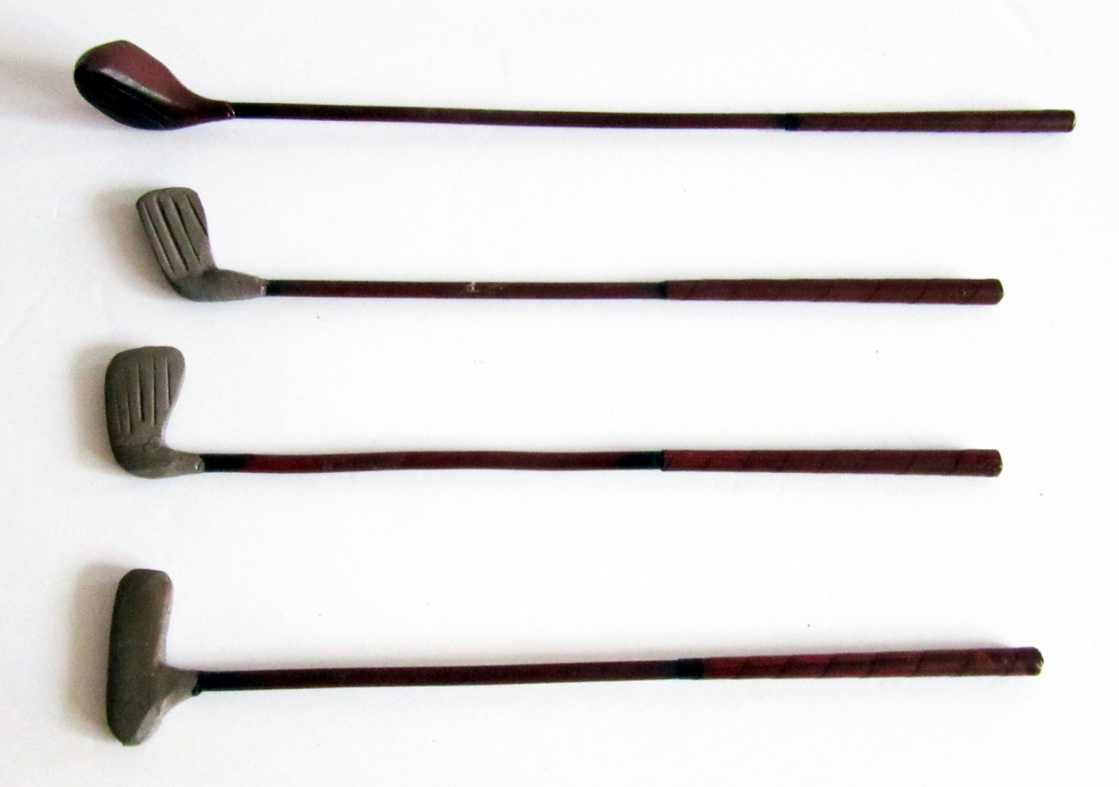 Set of 4, Miniature Wood Golf Clubs, Driver, 2 Irons & a Putter