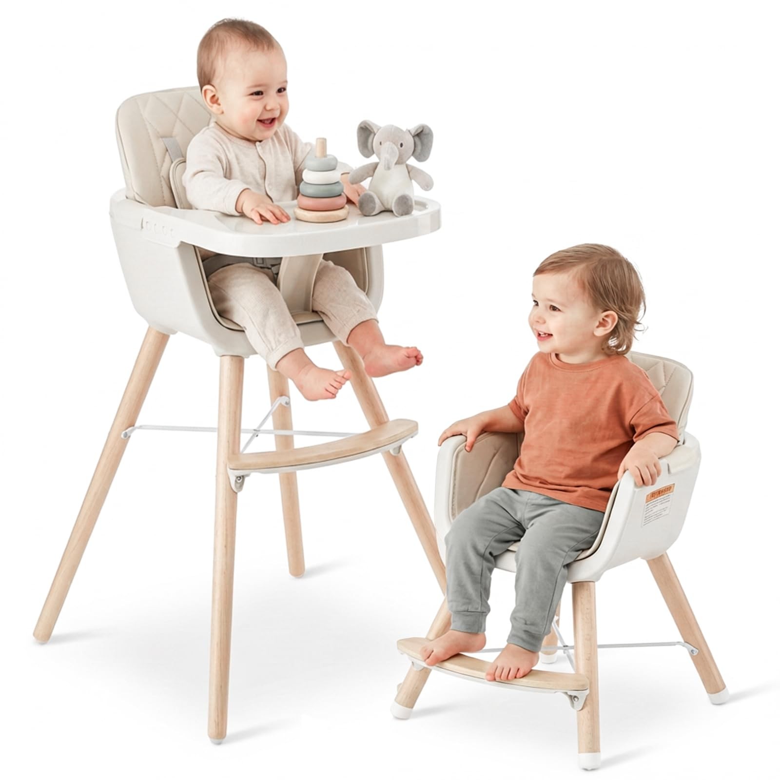 Wooden High Chair 3-in-1 Convertible Adjustable Legs Dishwasher Safe Tray Chairs