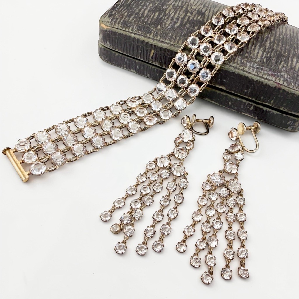 1920s Art Deco Czech Crystal Earrings Bracelet Set, Sterling Silver Chandelier