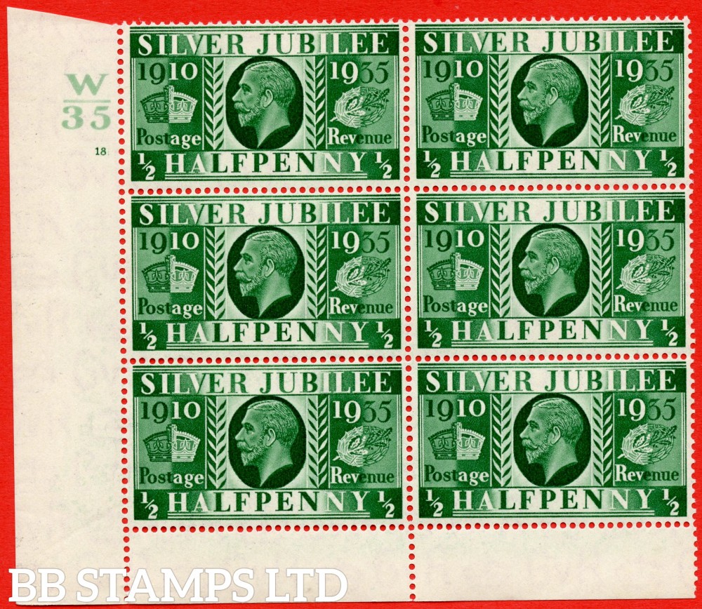 SG. 453. NCom10. ½d Green. An UNMOUNTED MINT control block of 6. Control B75929