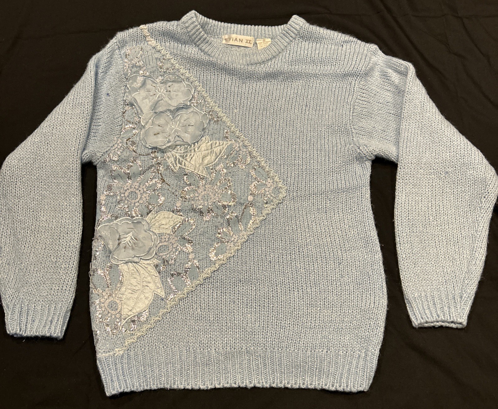 Vintage Evian 2 Sweater Womens M  Blue  1980s Pullover Lace Flowers B12