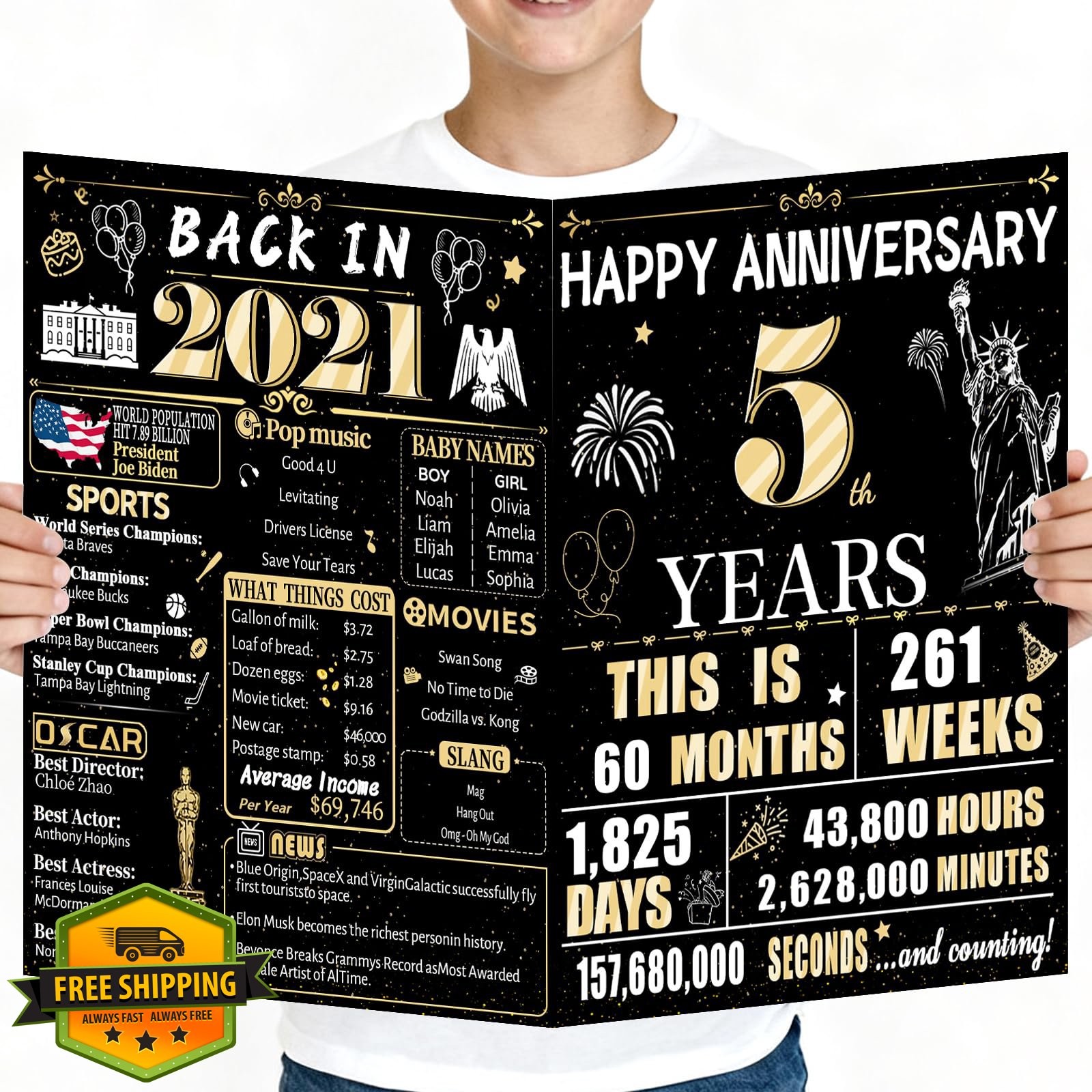 VivaGem 5th Anniversary Jumbo Wood Card Black Gold Retro Gift
