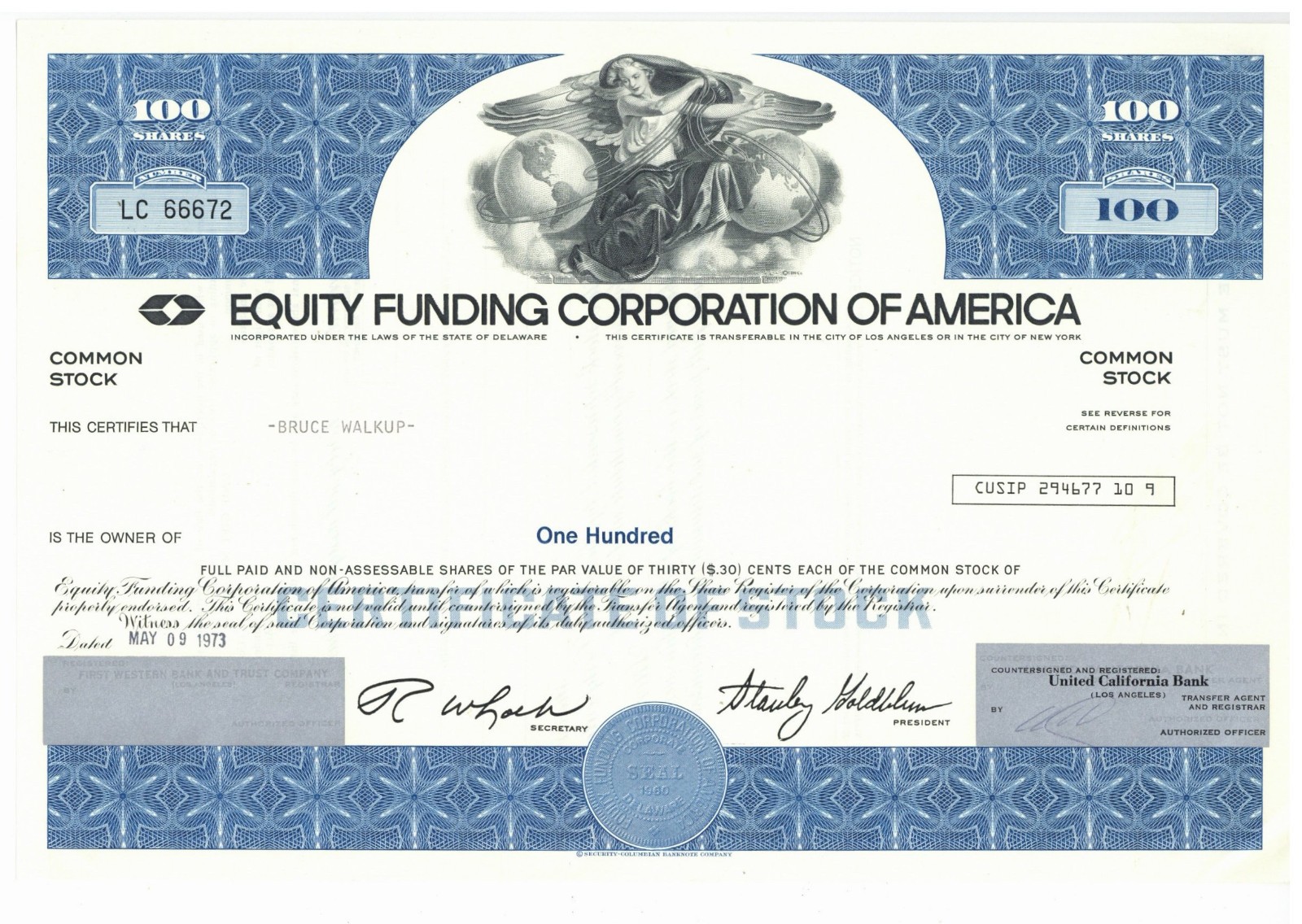 Equity Funding Corporation of America. Stock Certificate