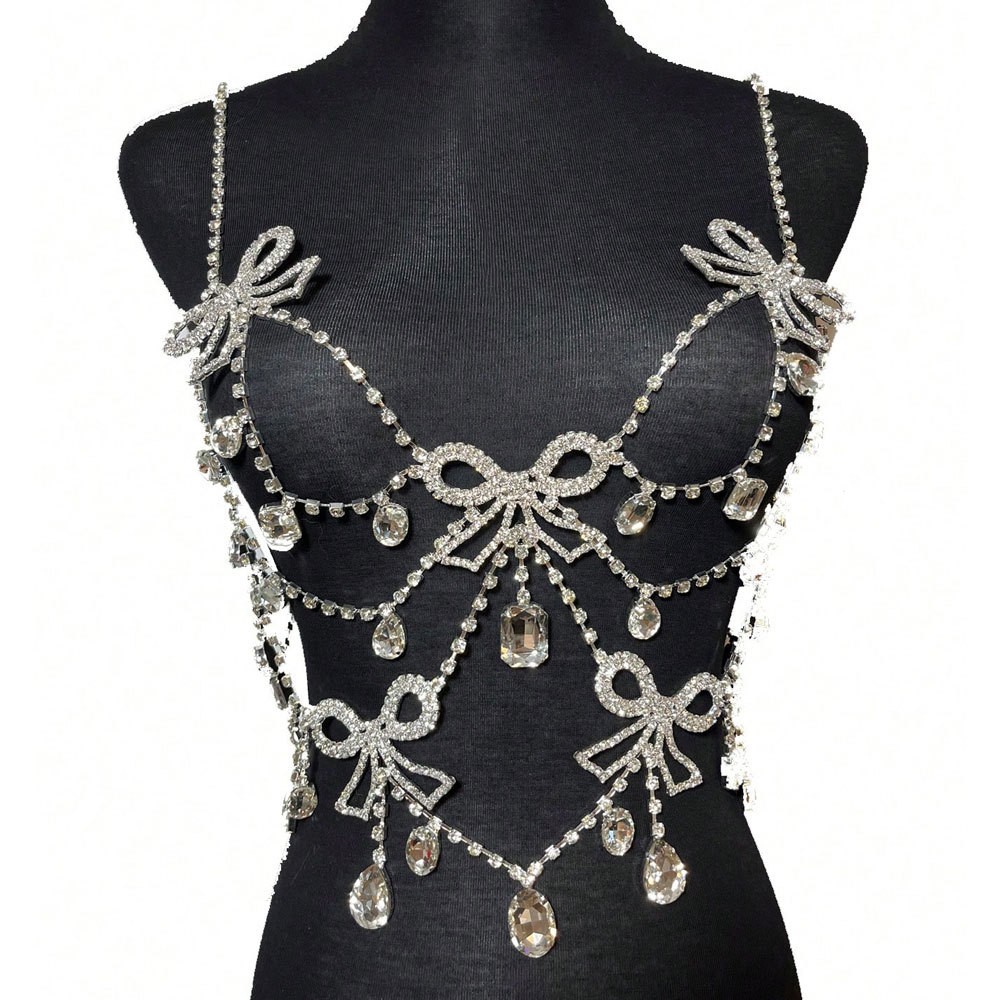 Hot Lady Full Rhinestone Bow Bikini Chest Chain Stage Show Body Chain Club Party