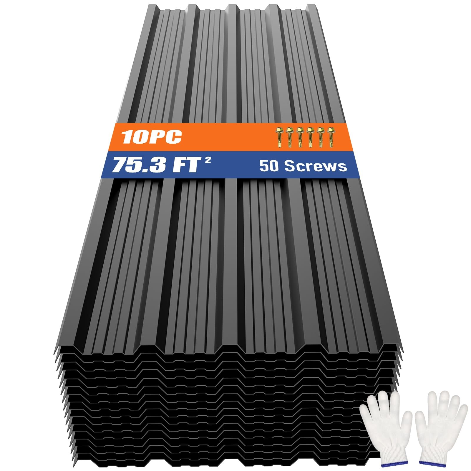 Corrugated Metal Roofing Panels 10pcs 75.3 ft², Black Galvanized Steel Roof P...