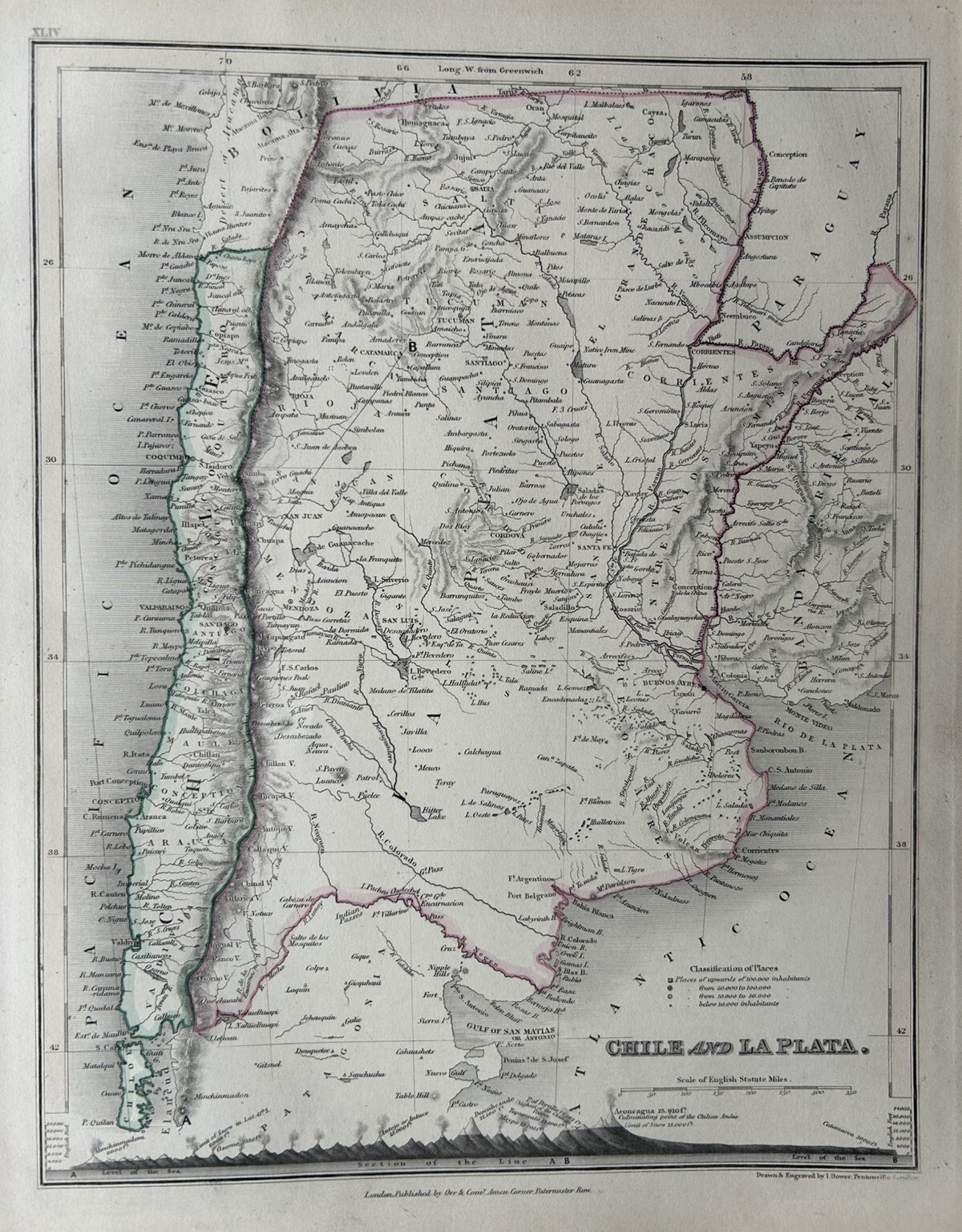 1850 Chile & La Plata Hand Coloured Antique Map By John Dower Showing Mountains