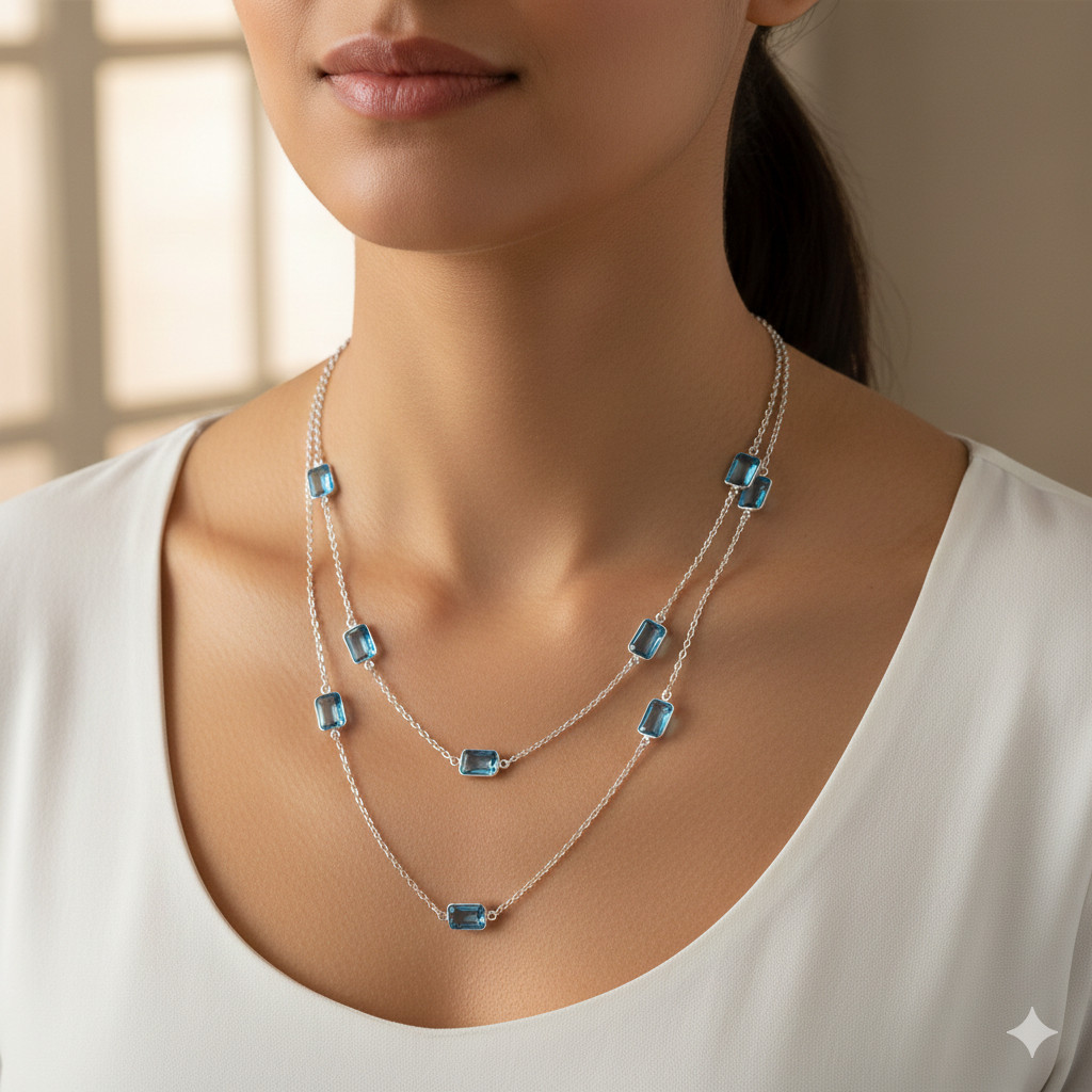 Sky Blue Topaz Stone Ethnic Handmade 925 Sterling Silver Chain Necklace 34" V216