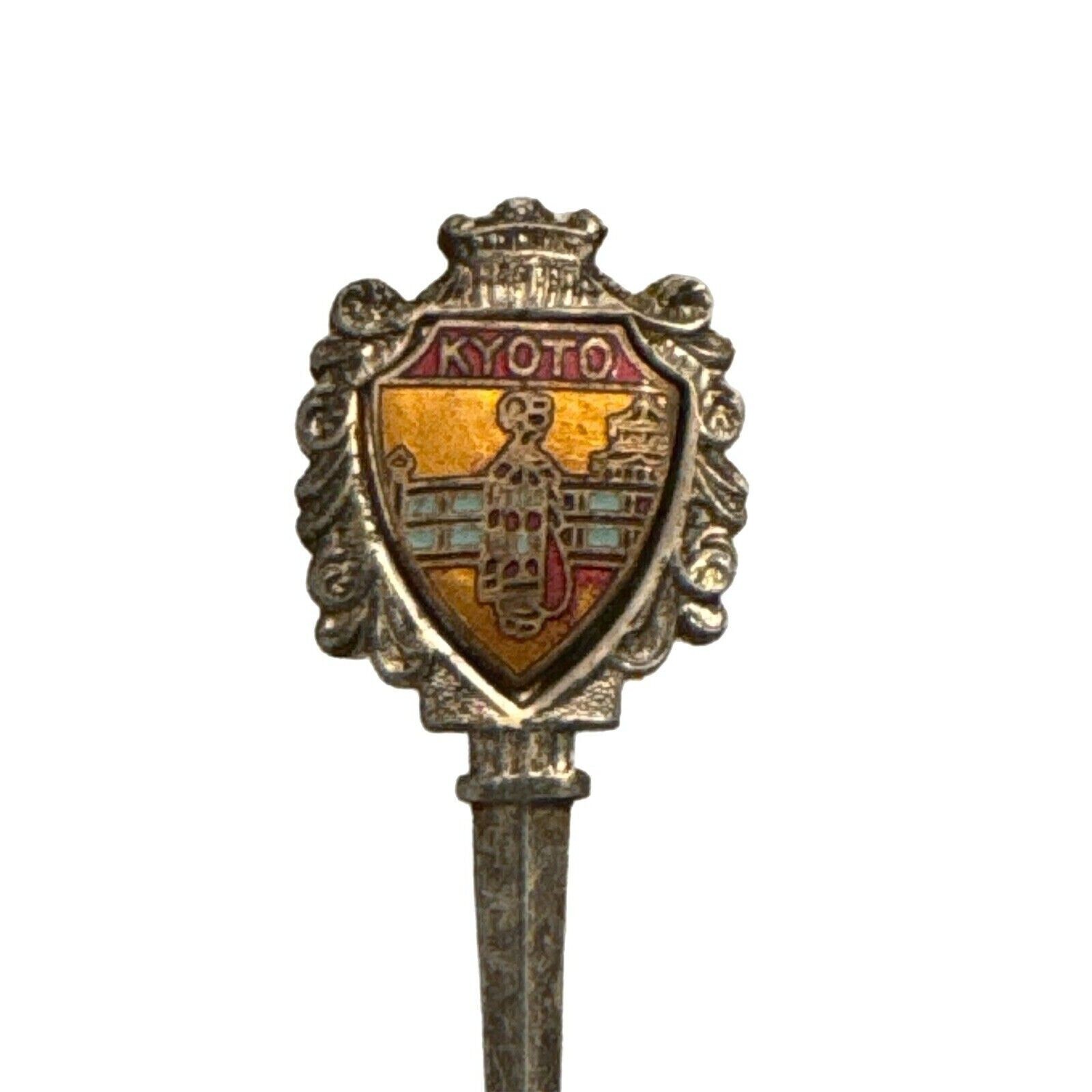 Vintage Souvenir Spoon Collectible Kyoto Japan Enameled Nickel Silver Patina SEE