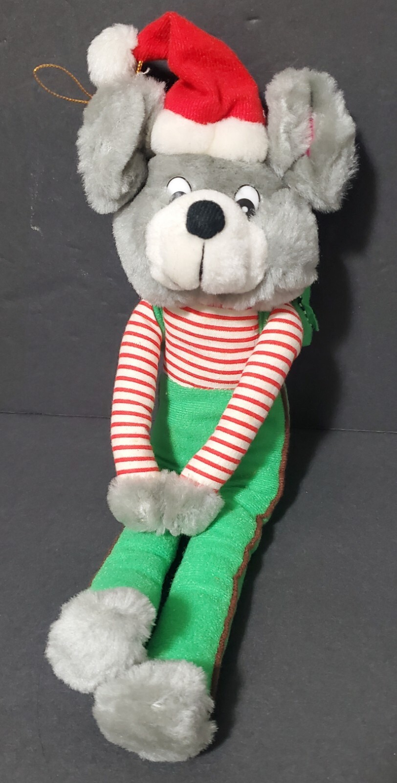 VINTAGE Christmas Knee Hugger Long Leg Mouse Plush Striped Shirt Santa Hat