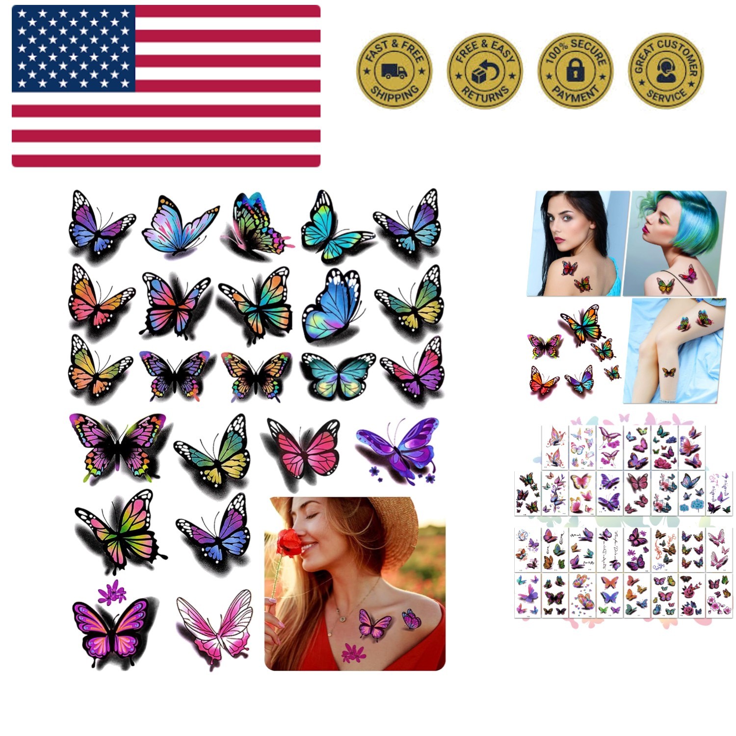 3D Butterflies and Flowers Temporary Stickers Tattoo, Colorful Body Art Tatto...