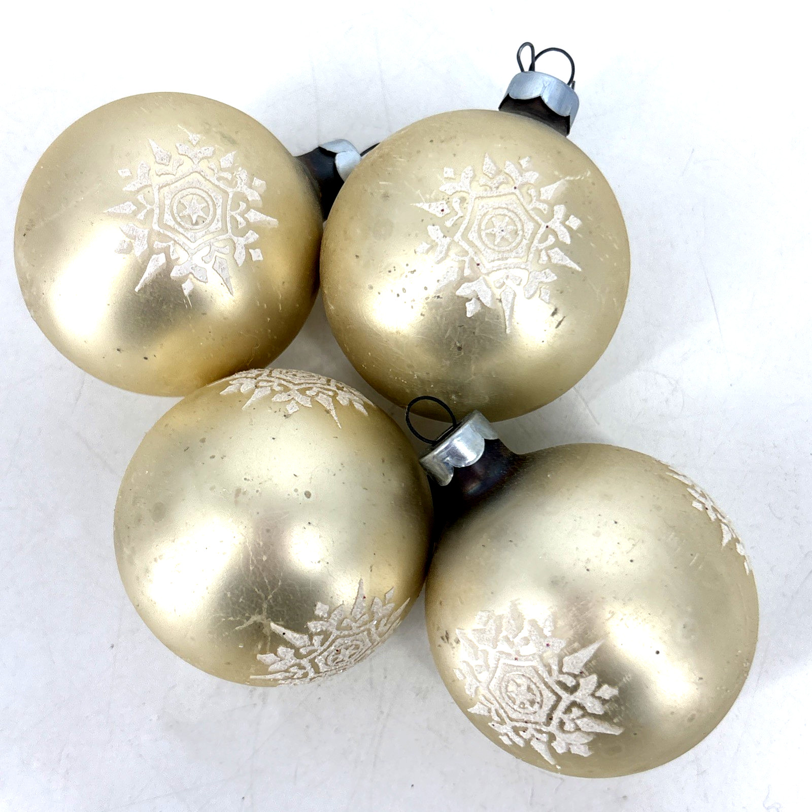 Mercury Glass Christmas Ornament 4 Gold Stenciled SNOWFLAKES Glitter USA Made