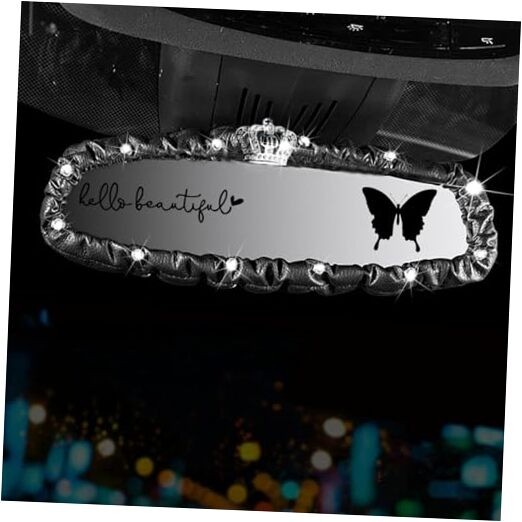  3 PCS Bling Bling Rearview Mirror Cover, Elastic PU Leather Auto Rear Black