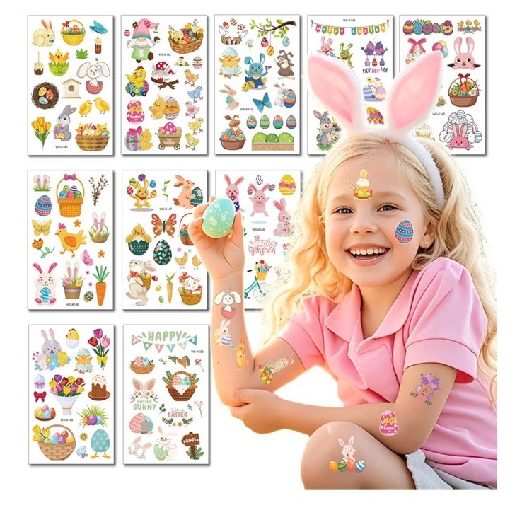 Easter Temporary Tattoos 10 Sheets 150+ Styles Multicolor Small Egg Rabbit Chick