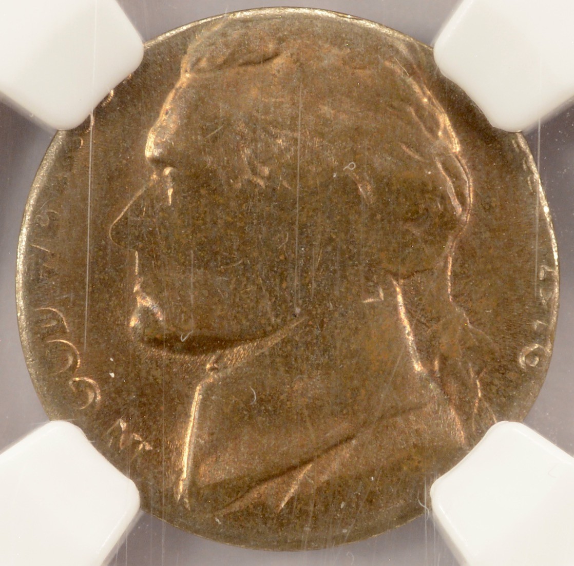 1978 5c Jefferson Nickel Struck on 1c Blank NGC MS63 RB