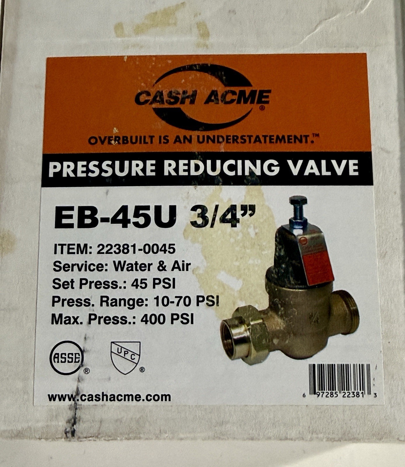 Cash Acme Pressure Reducing Valve EB-45U 3/4" Brass 22381-0045 Set 45 PSI 10-70