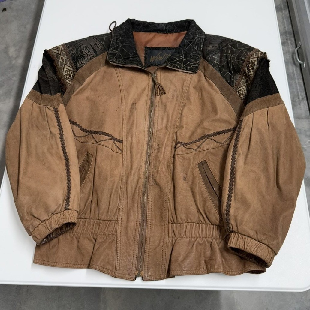 Vintage Southwestern Mixed Leather Bomber Jacket Tan Brown Aztec Pattern Zip Up