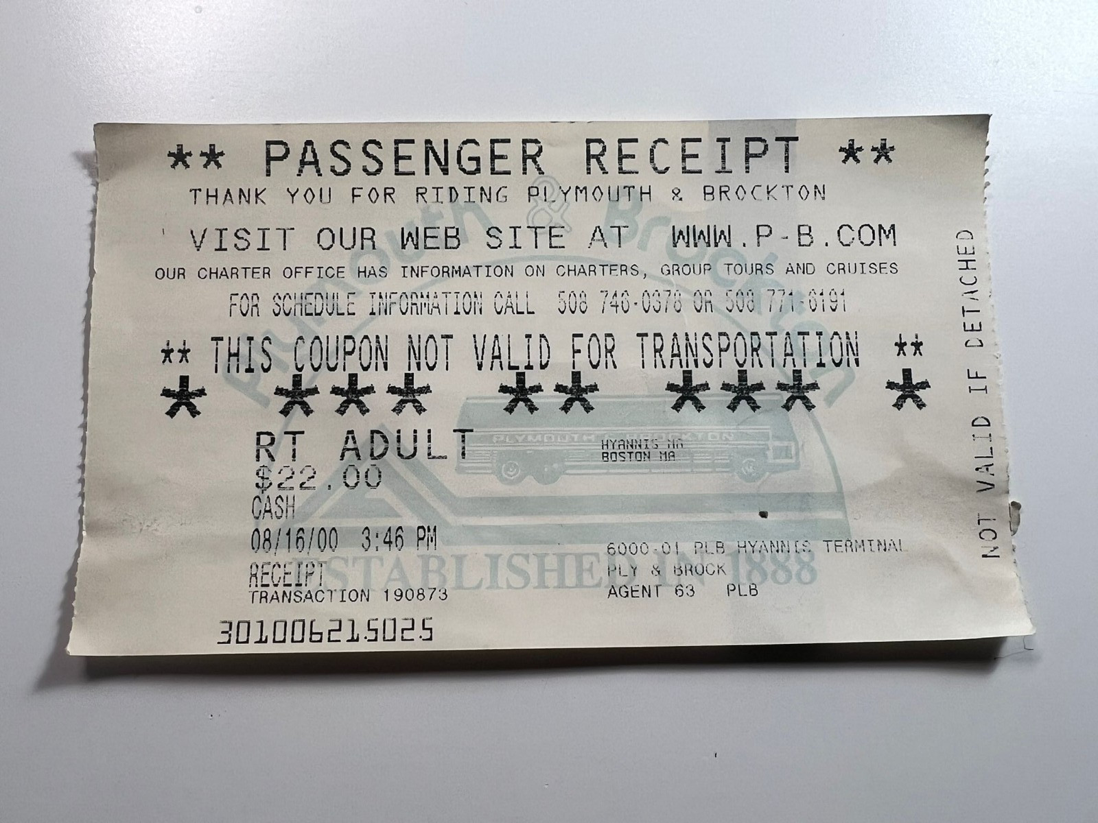 Vintage Plymouth & Brockton Bus Passenger Receipt Boston to Cape Cod 2000