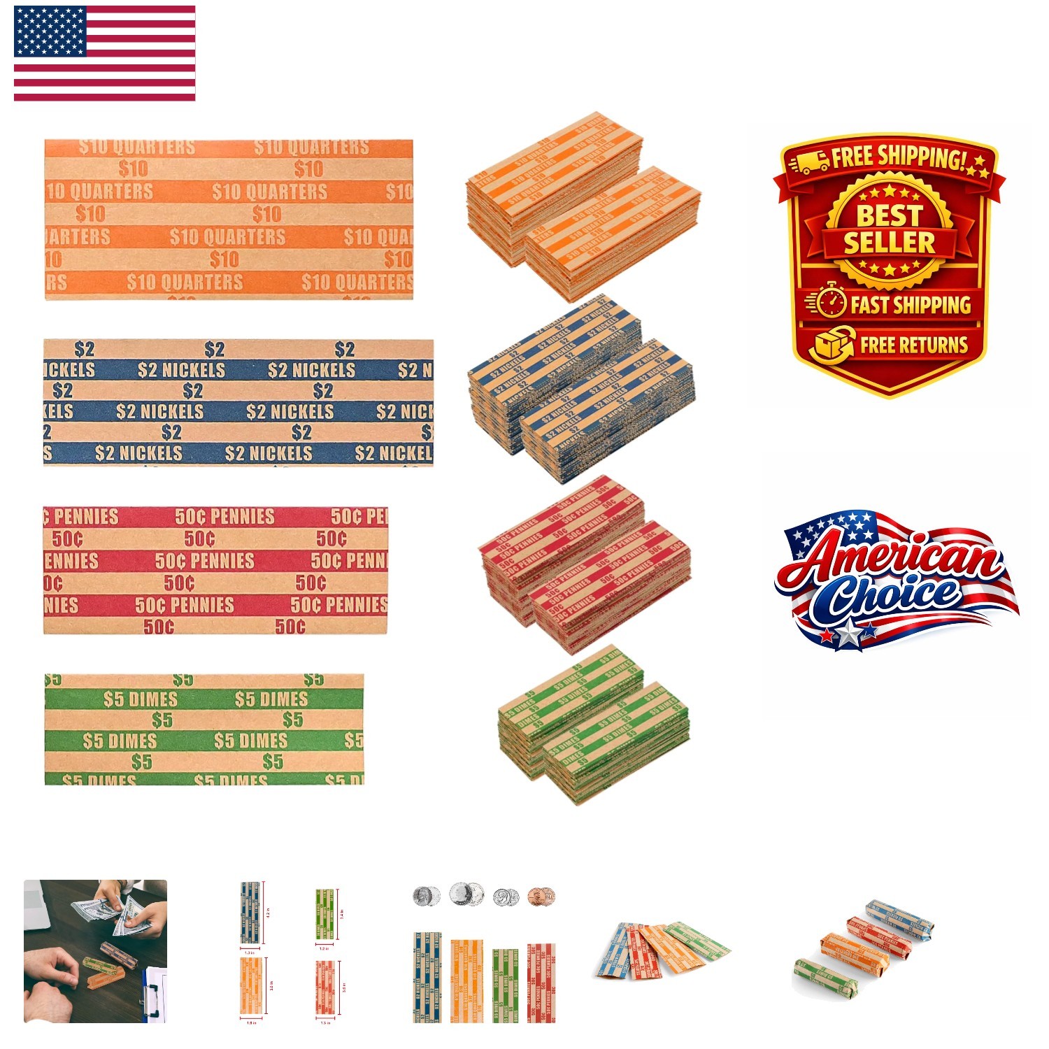 500 Assorted Flat Coin Wrappers in Durable Kraft Paper—125 of Each Denomination