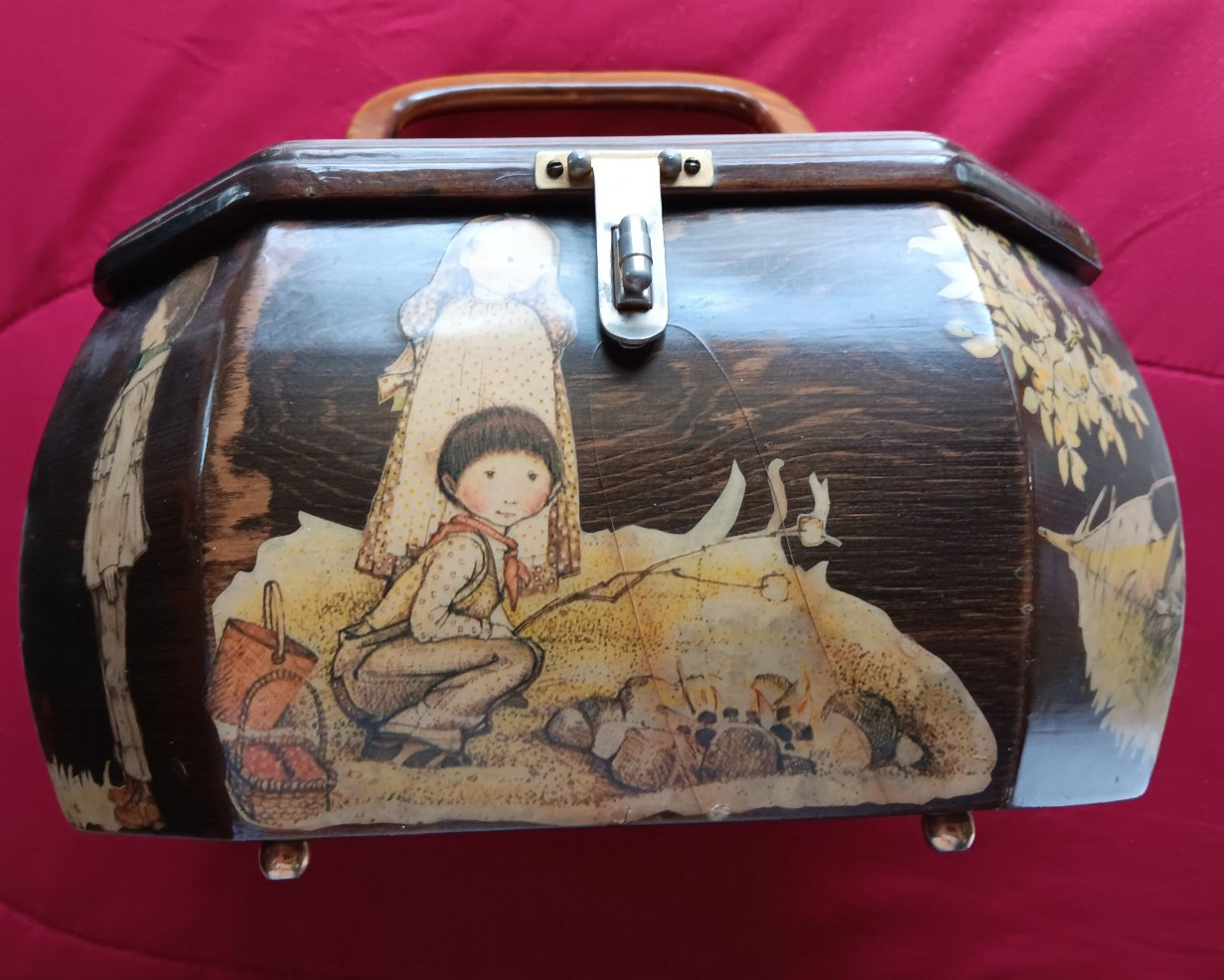 Vintage Wood Decoupage Wooden Purse Holly Hobbie lucite handles Purse Box Hobby