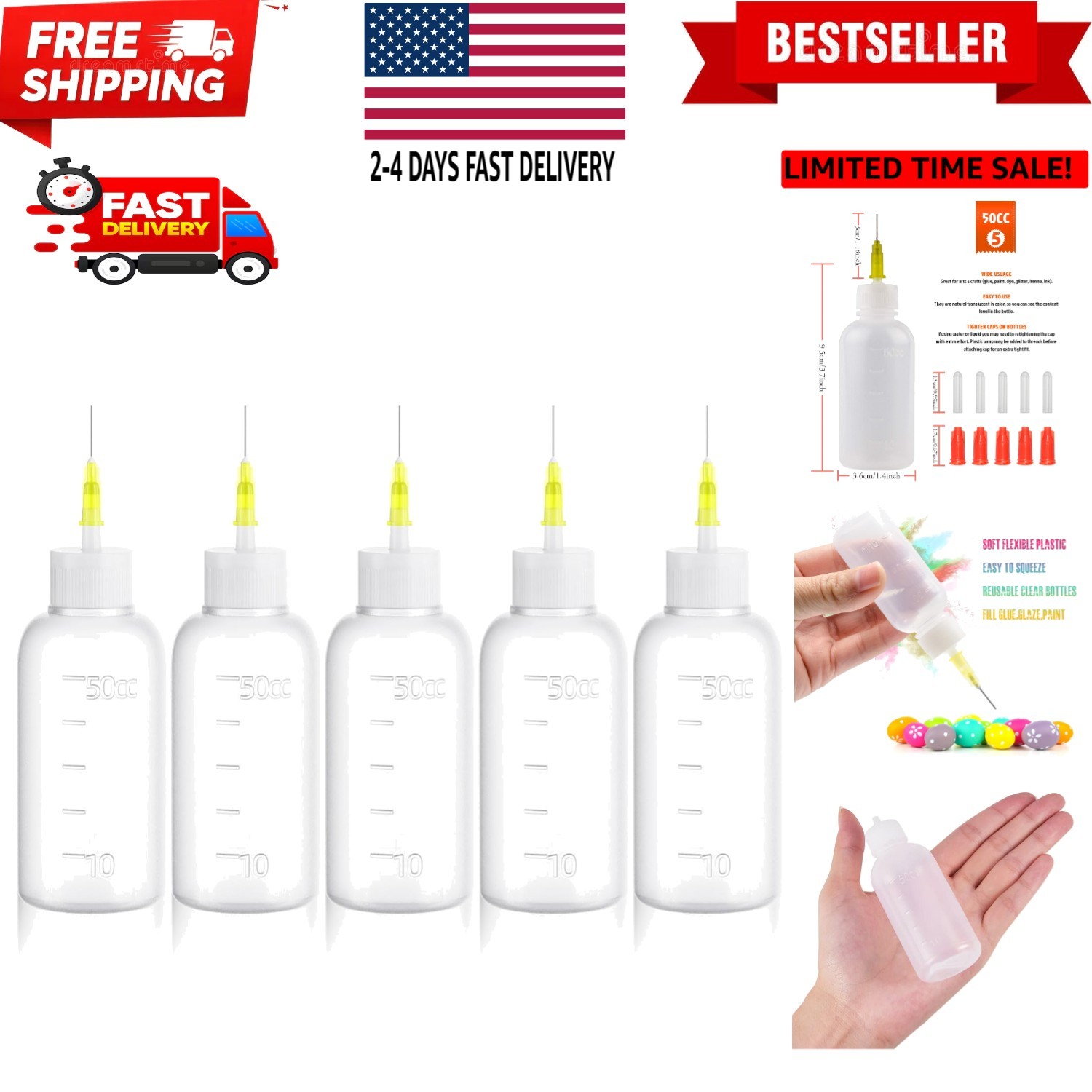 50cc Glue Squeeze Bottle, Precision Tips Applicator Bottles, 5 Pack