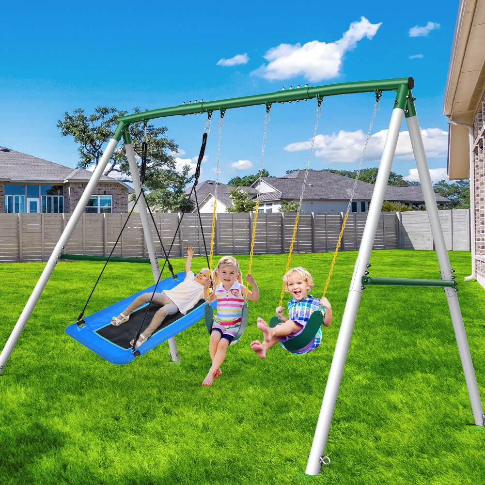 Hapfan 600lbs 7.3ft Tall Heavy Duty Metal Swing Set Kids Backyard with 3 Swings